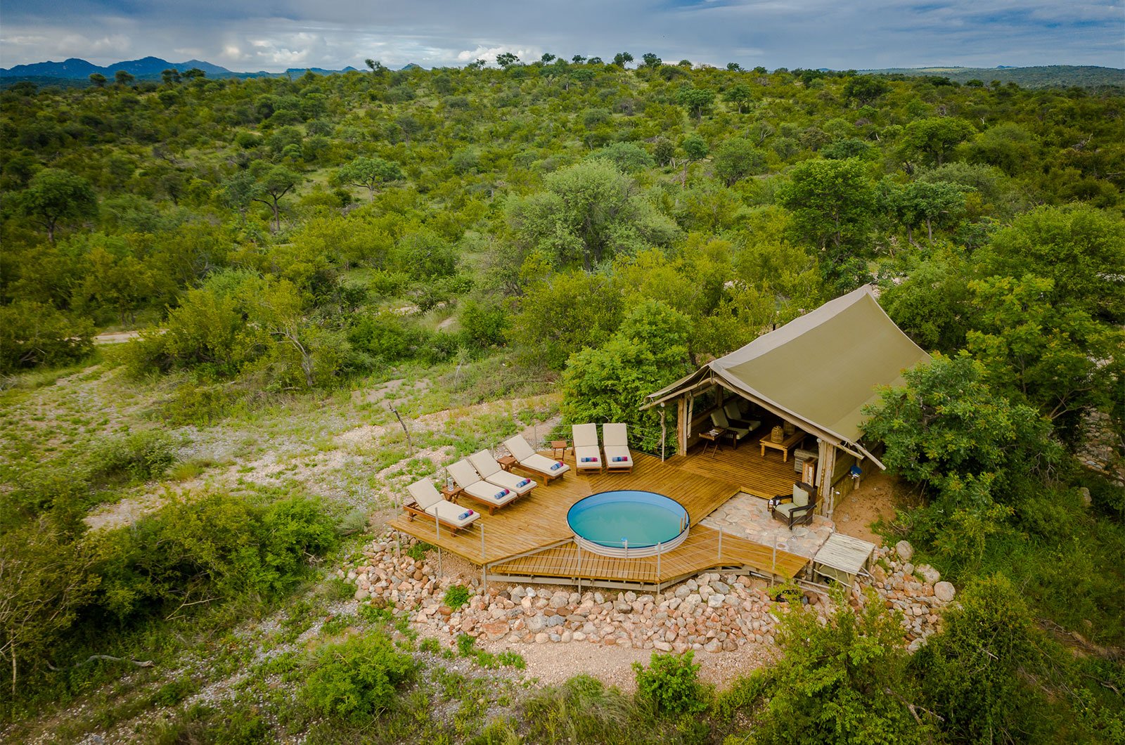 Aerial view of a tented camp at Serengeti