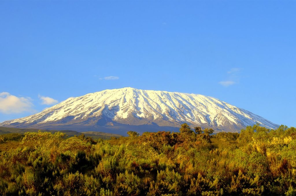 Snow-capped Mount Kilimanjaro towering above lush green landscapes under a clear sky.
